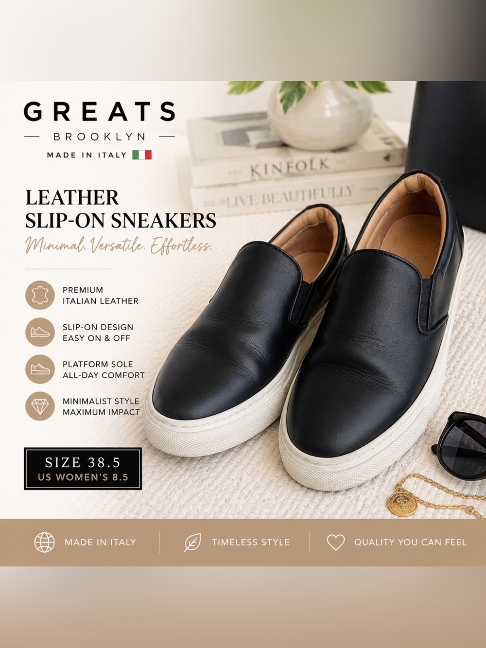 GREATS Brooklyn Black Leather Slip-On Platform Sneakers 38.5 / US 8.5